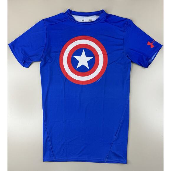 Under Armour HeatGear Captain America Compression Shirt Mens L Blue Marvel 2014 - Picture 1 of 9